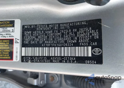 2016 Toyota Camry Se from USA, damaged, VIN 4T1BF1FK1GU126324